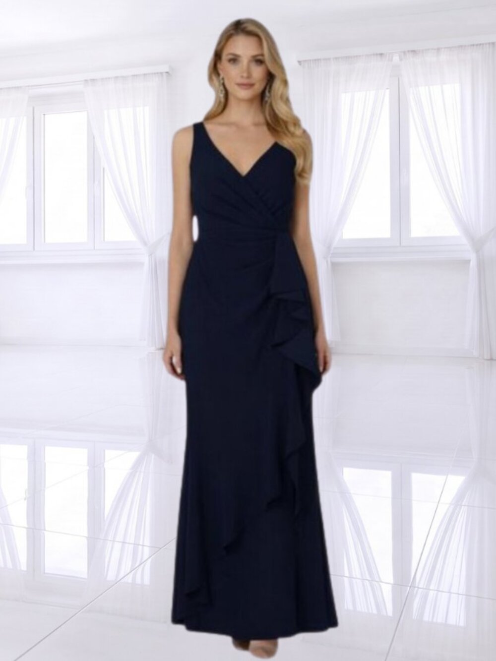 NWT Betsy & Adam Navy Blue V-Neck Ruffle High-Low Evening Gown Formal Size 14